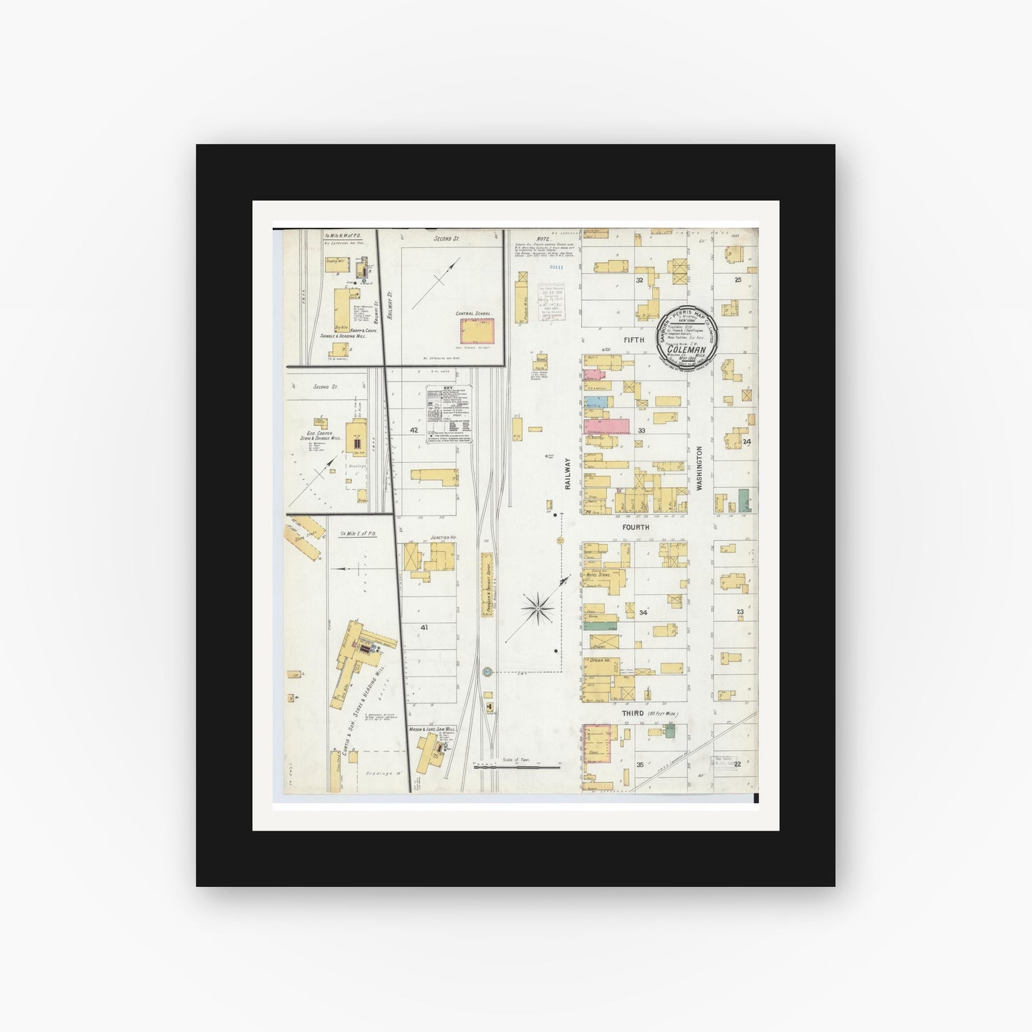 Old map wall art mockup — black gallery frame with white mat — Sanborn Fire Insurance Map from Coleman, Midland County, Michigan (1900), Sheet #0001