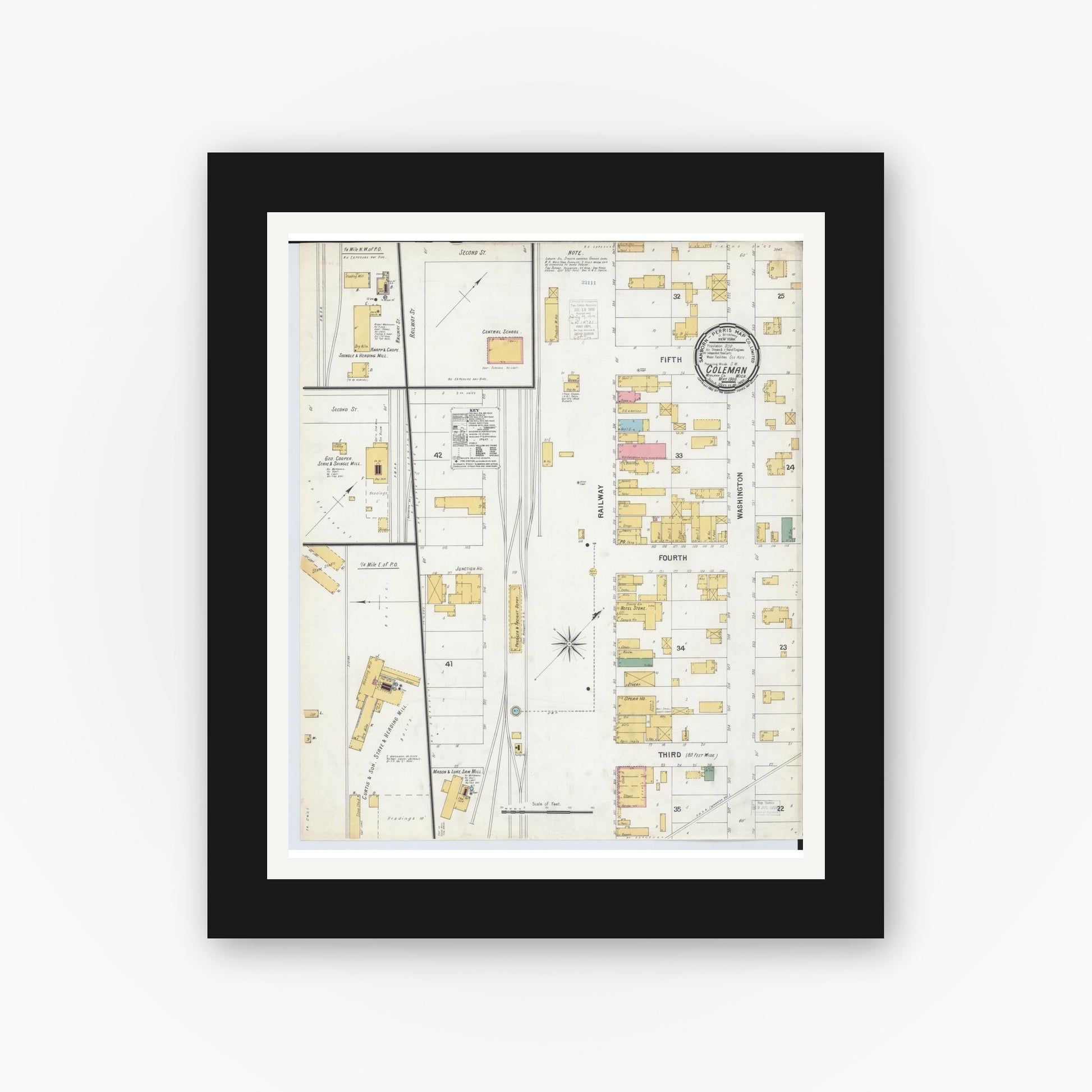 Old map wall art mockup — black gallery frame with white mat — Sanborn Fire Insurance Map from Coleman, Midland County, Michigan (1900), Sheet #0001