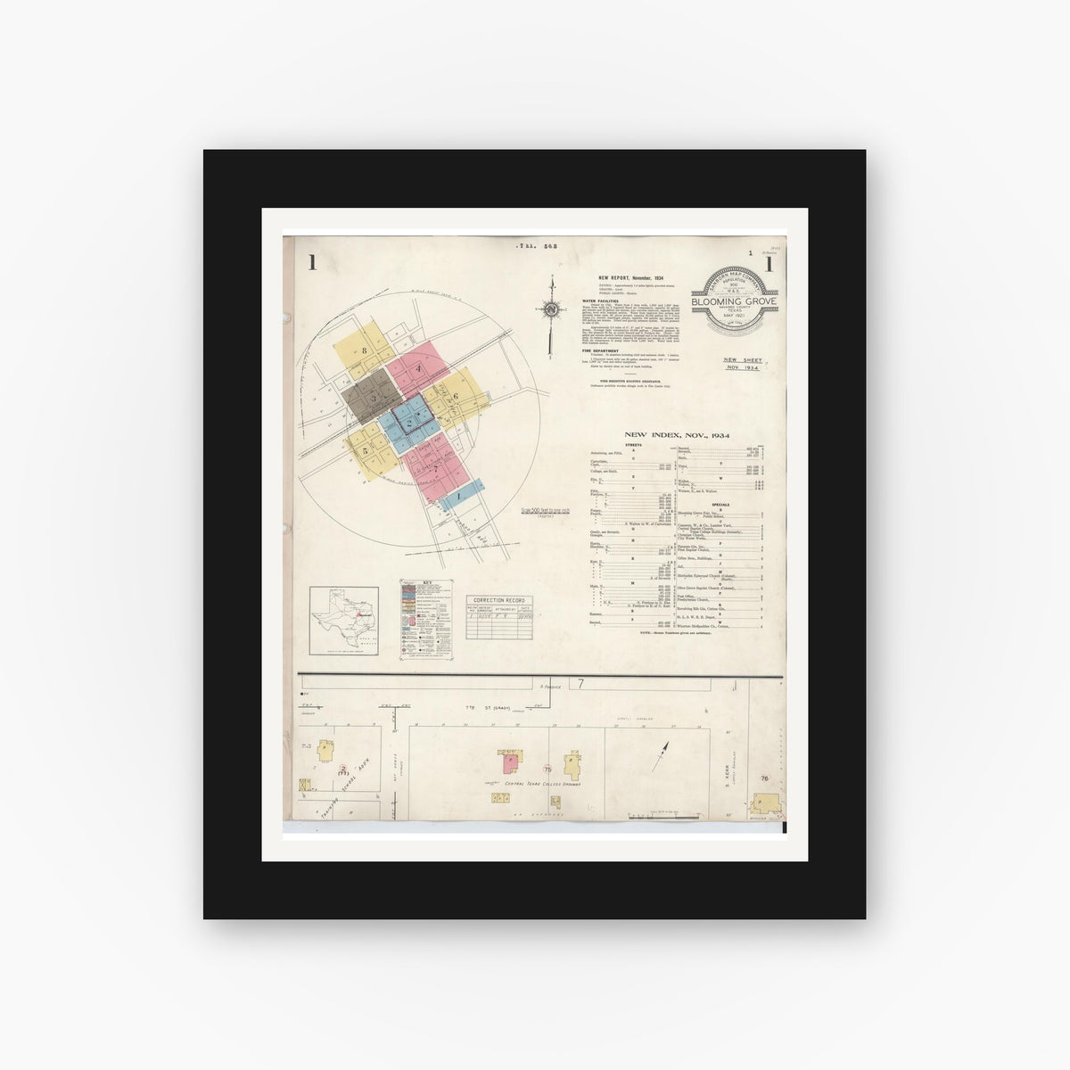 Old map wall art mockup — black gallery frame with white mat — Sanborn Fire Insurance Map from Blooming Grove, Navarro County, Texas (1934) - Complete Map Set