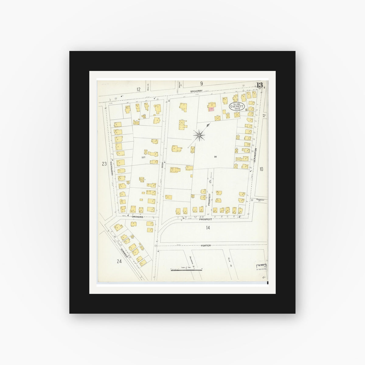 Old map wall art mockup — black gallery frame with white mat — Sanborn Fire Insurance Map from Everett, Middlesex County, Massachusetts (1903), Sheet #0013