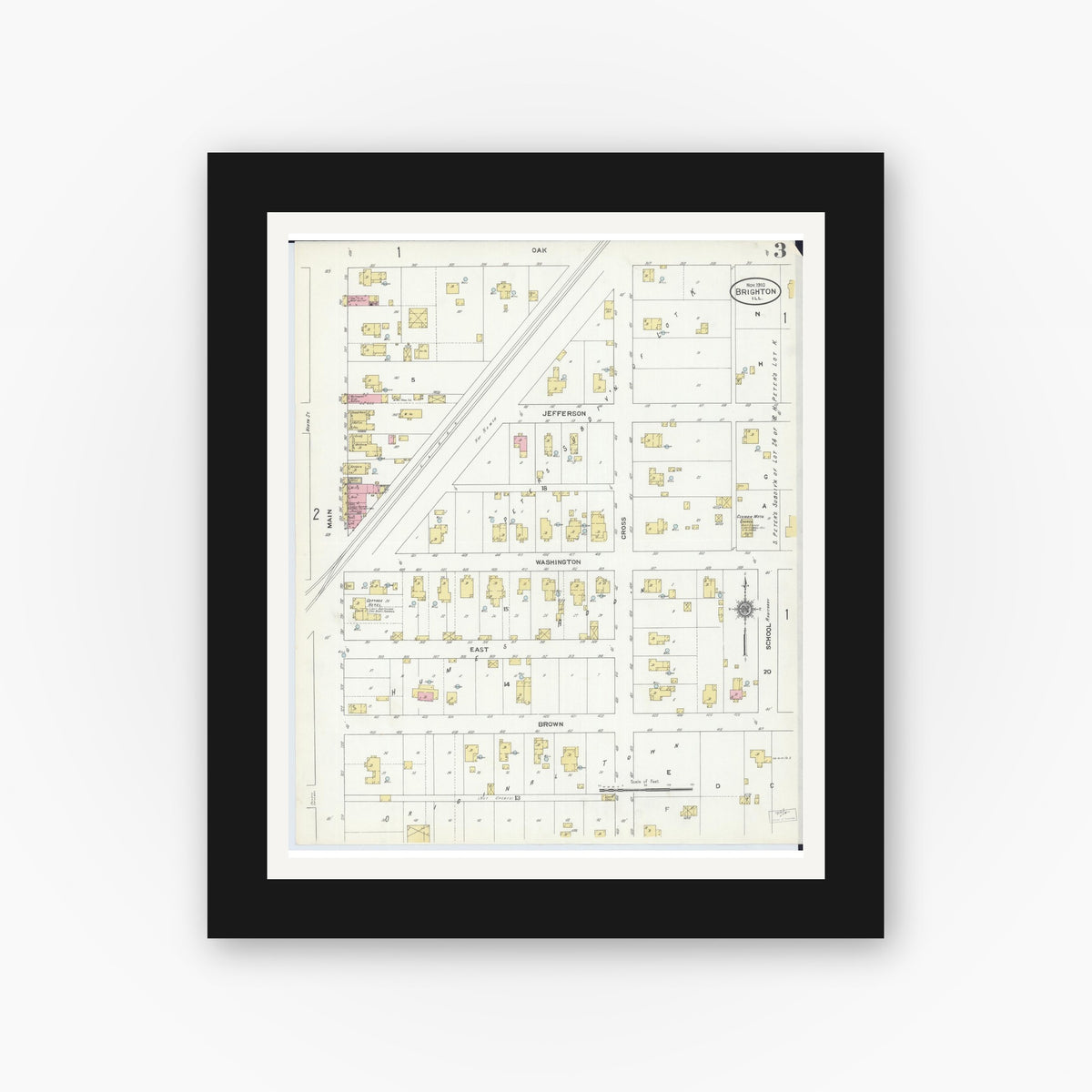 Old map wall art mockup — black gallery frame with white mat — Sanborn Fire Insurance Map from Brighton, Macoupin County, Illinois (1910), Sheet #0003
