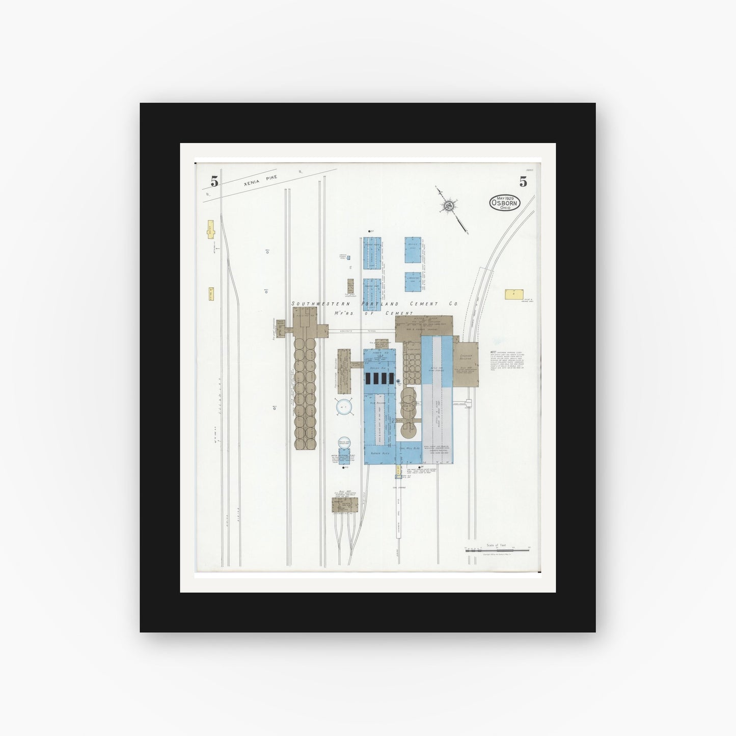 Old map wall art mockup — black gallery frame with white mat — Sanborn Fire Insurance Map from Osborn, Greene County, Ohio (1929), Sheet #0005