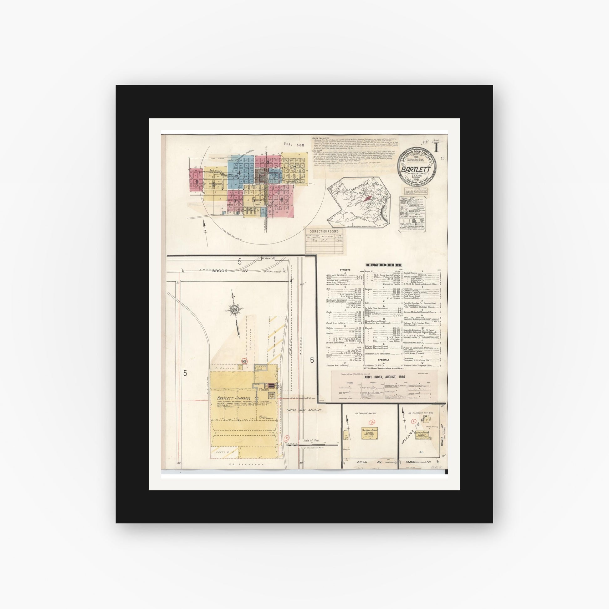 Old map wall art mockup — black gallery frame with white mat — Sanborn Fire Insurance Map from Bartlett, Bell and Williamson Counties, Texas (1940), Sheet #0001