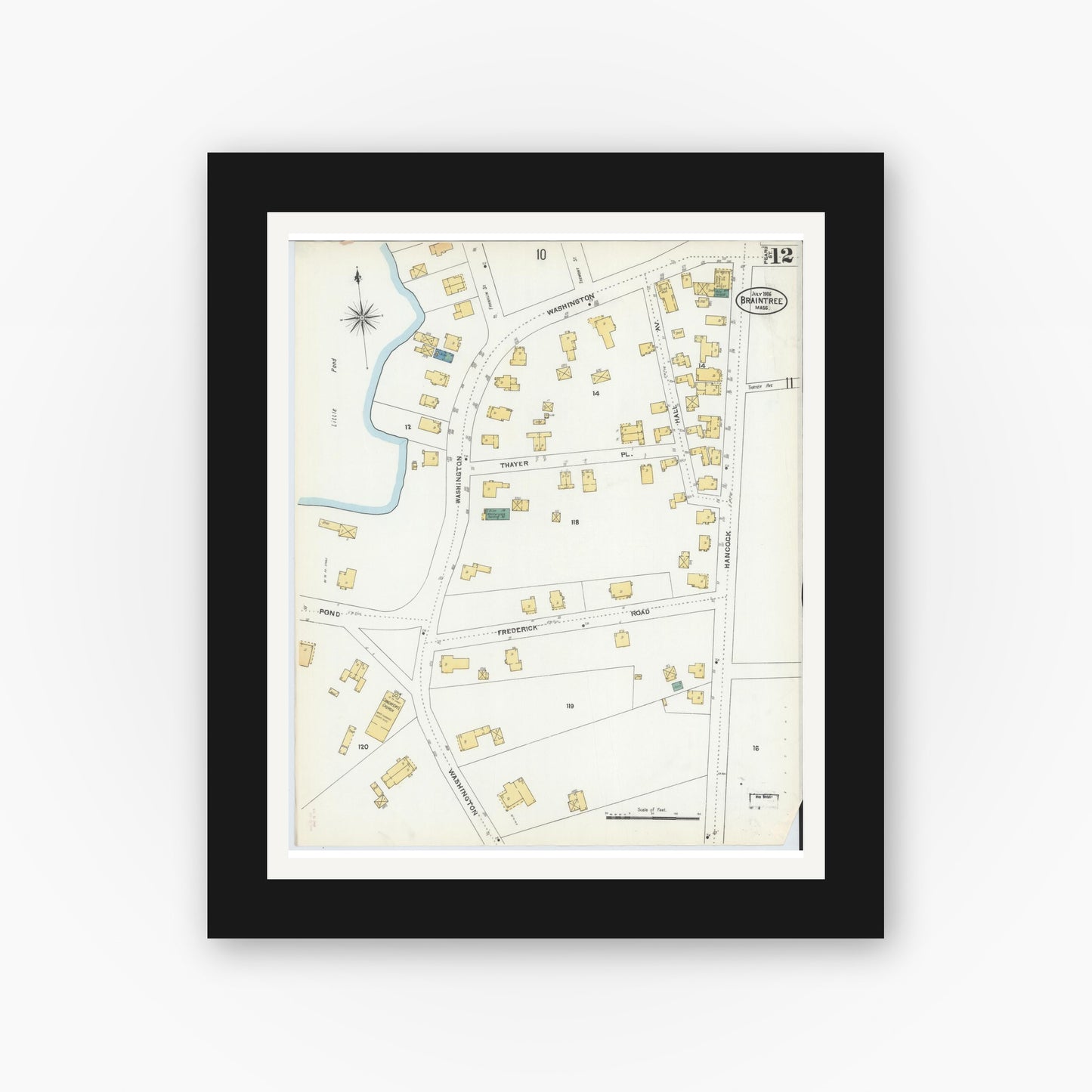 Old map wall art mockup — black gallery frame with white mat — Sanborn Fire Insurance Map from Braintree, Norfolk County, Massachusetts (1906), Sheet #0012