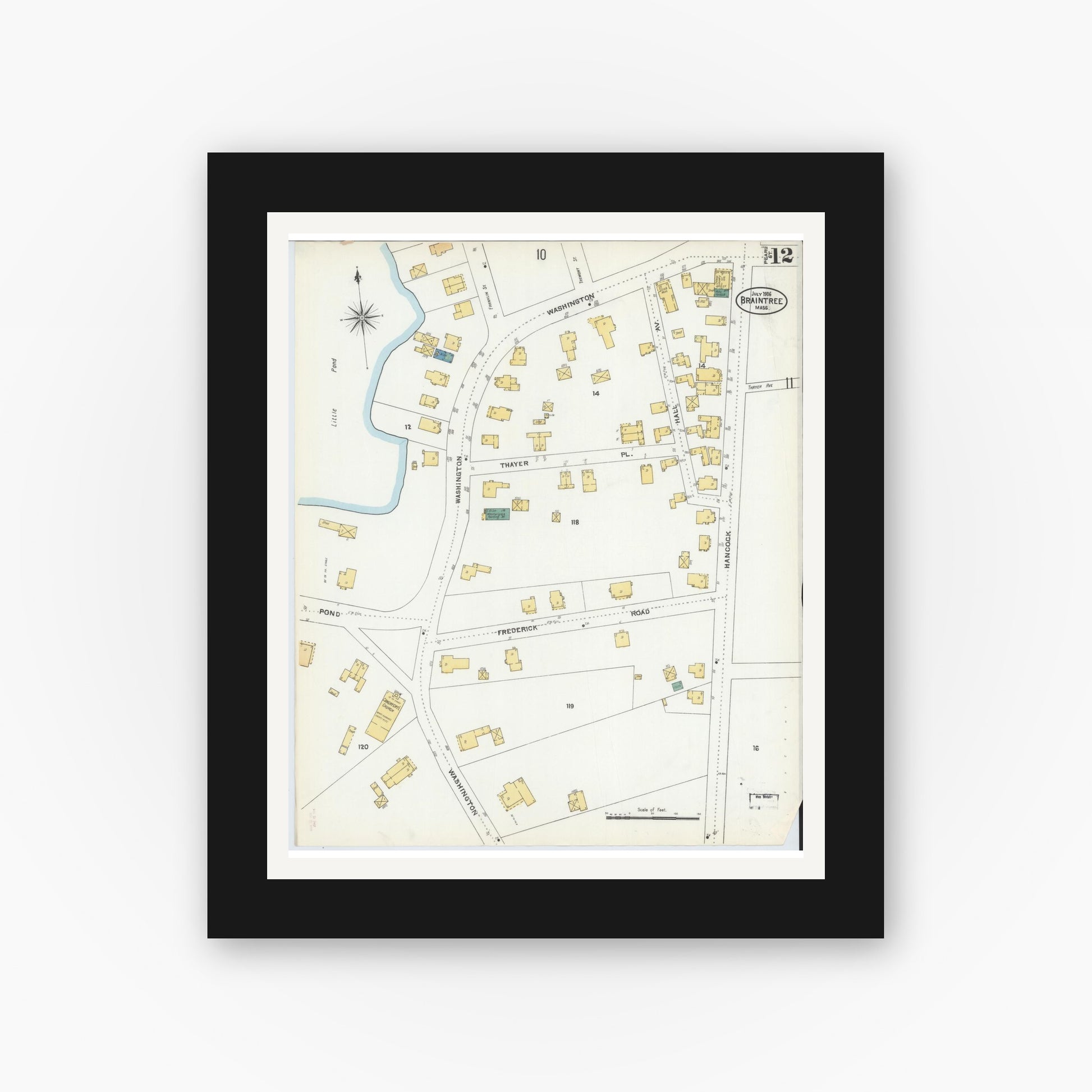 Old map wall art mockup — black gallery frame with white mat — Sanborn Fire Insurance Map from Braintree, Norfolk County, Massachusetts (1906), Sheet #0012