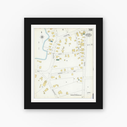 Old map wall art mockup — black gallery frame with white mat — Sanborn Fire Insurance Map from Braintree, Norfolk County, Massachusetts (1906), Sheet #0012
