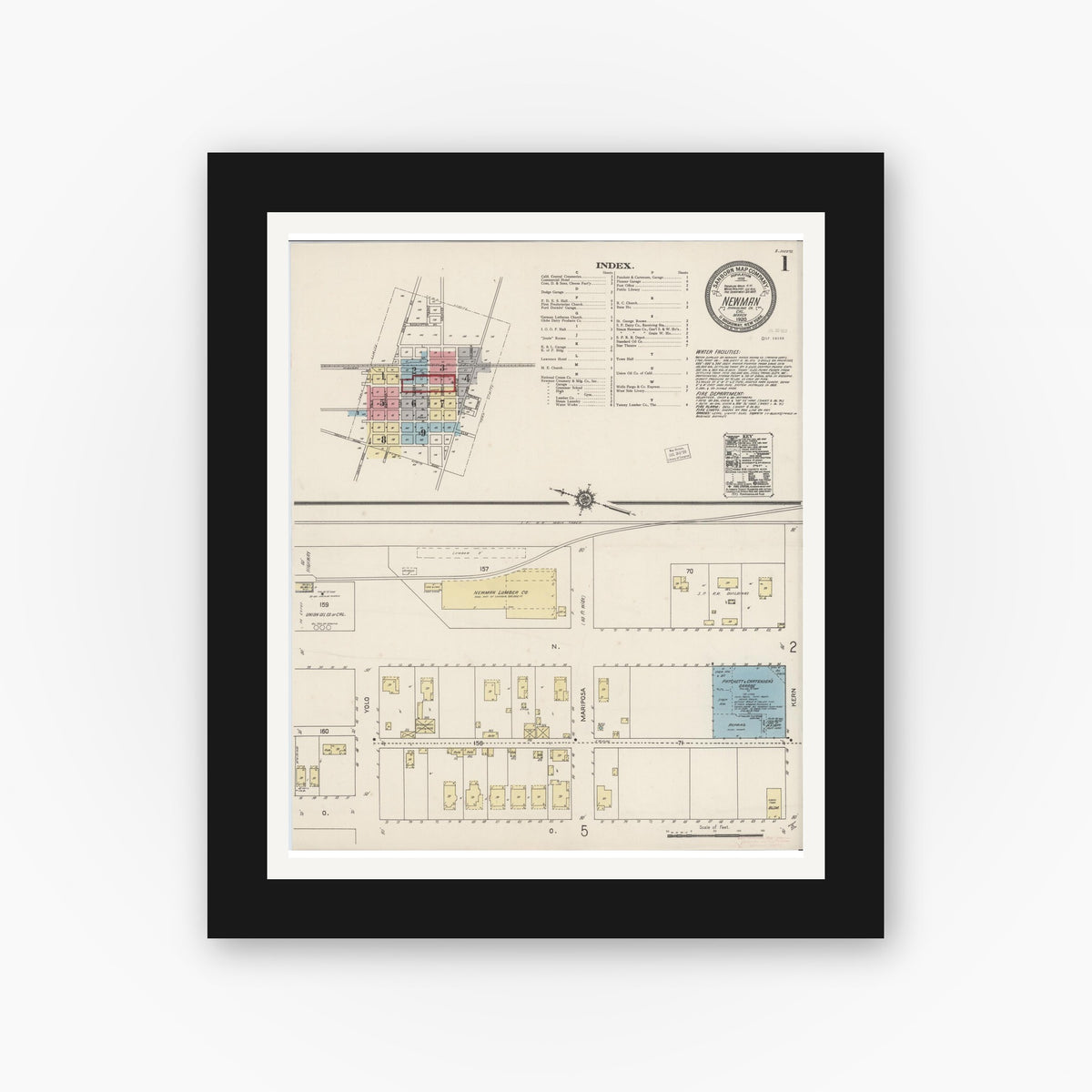 Old map wall art mockup — black gallery frame with white mat — Sanborn Fire Insurance Map from Newman, Stanislaus County, California (1920) - Complete Map Set