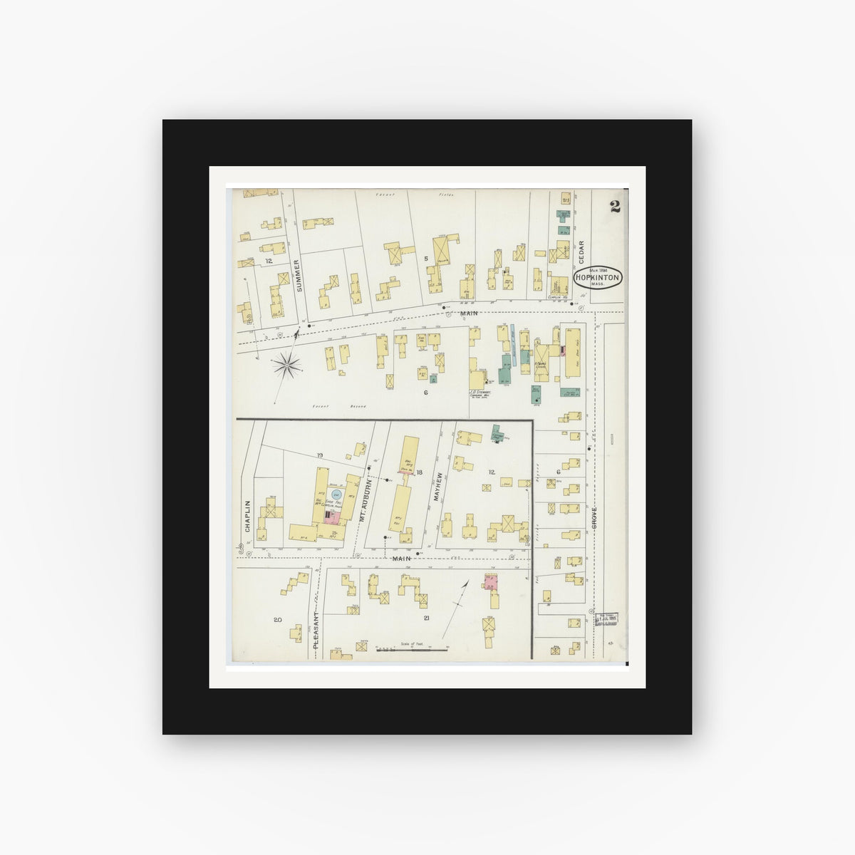 Old map wall art mockup — black gallery frame with white mat — Sanborn Fire Insurance Map from Hopkinton, Middlesex County, Massachusetts (1894), Sheet #0002