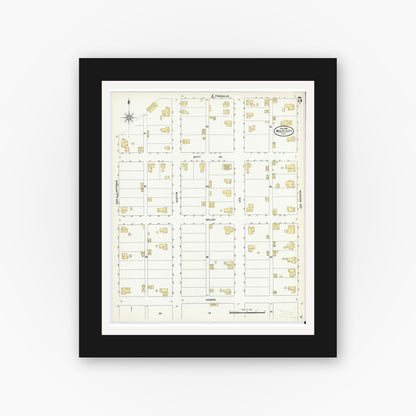 Old map wall art mockup — black gallery frame with white mat — Sanborn Fire Insurance Map from Wolfe City, Hunt County, Texas (1909), Sheet #0005