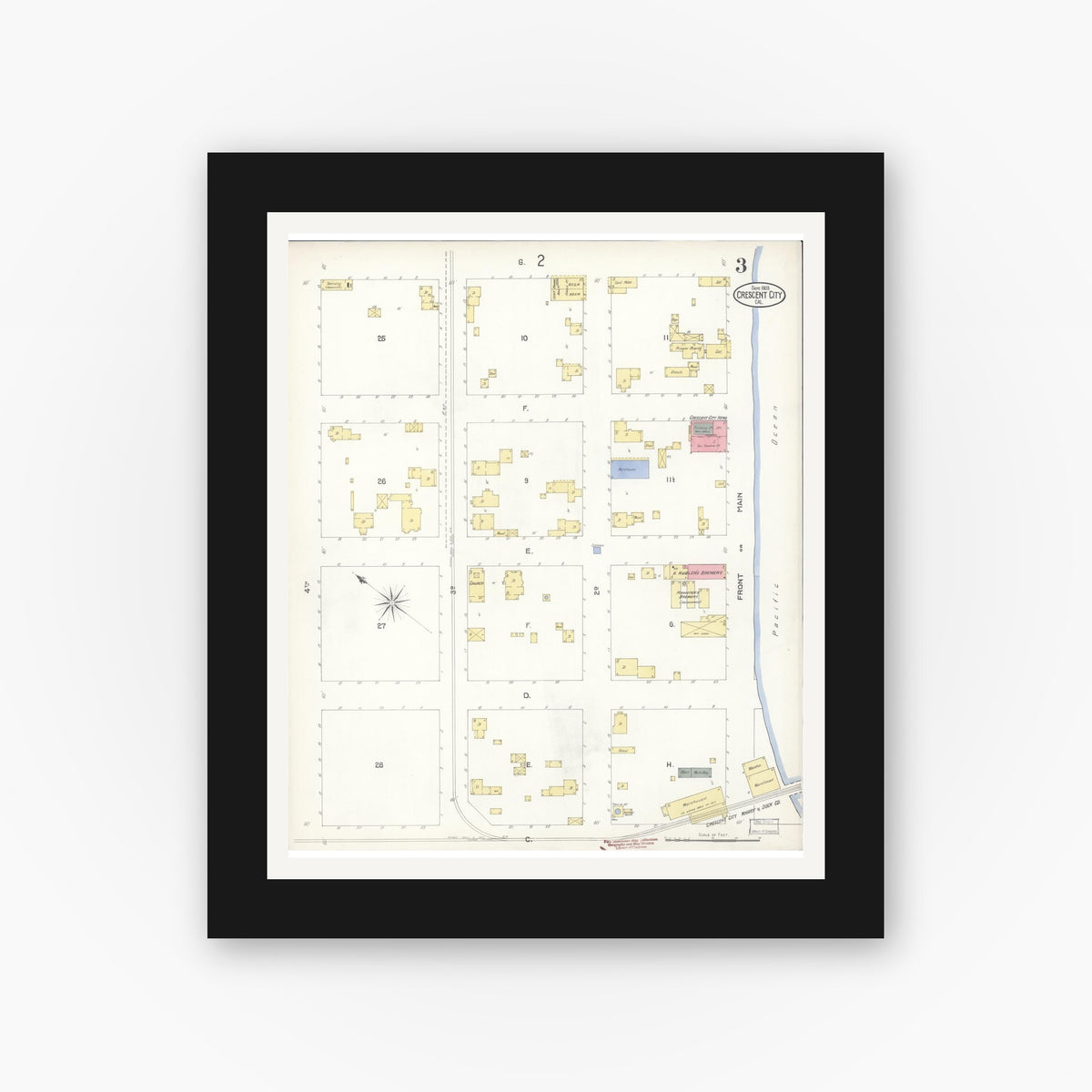 Old map wall art mockup — black gallery frame with white mat — Sanborn Fire Insurance Map from Crescent City, Del Norte County, California (1903), Sheet #0003