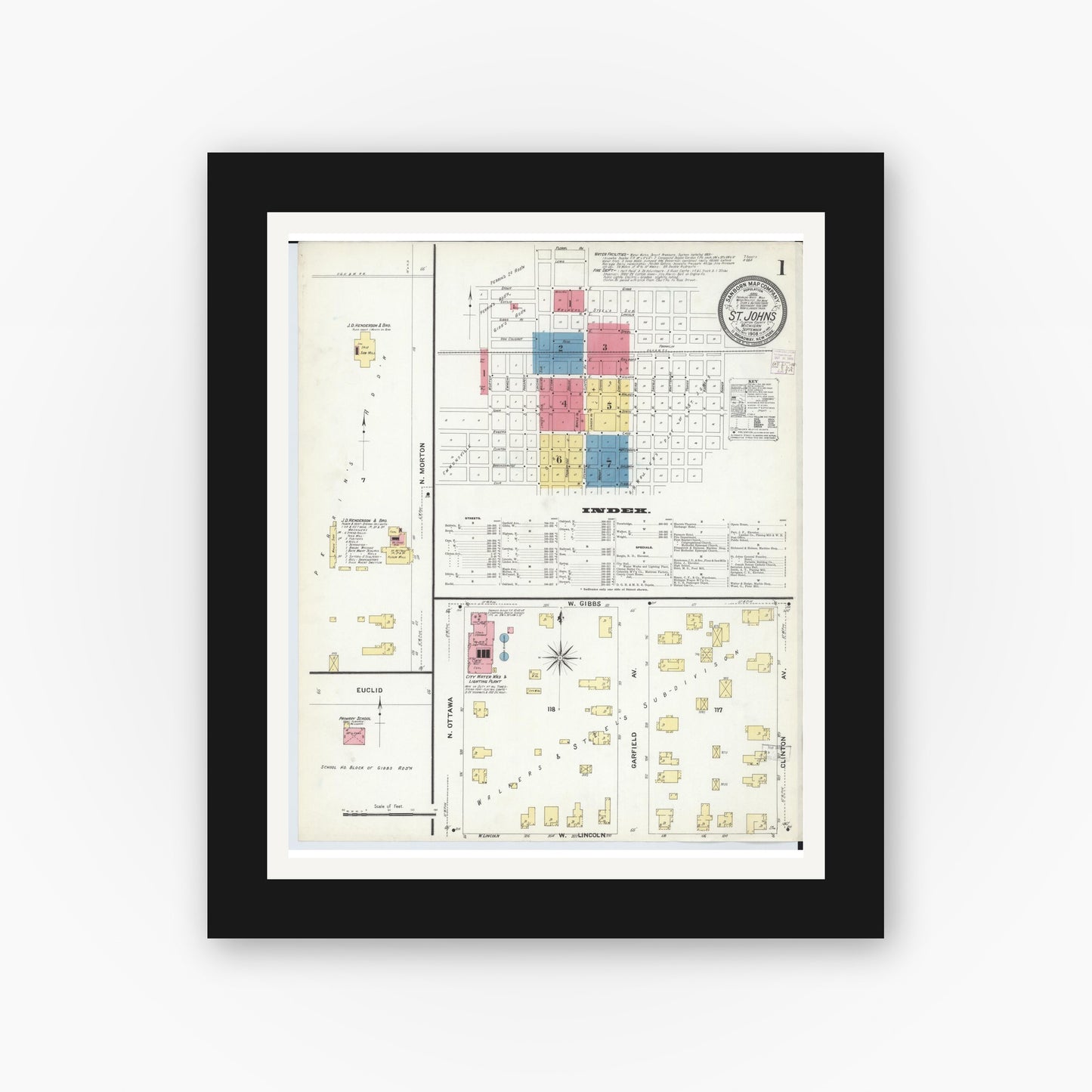 Old map wall art mockup — black gallery frame with white mat — Sanborn Fire Insurance Map from Saint Johns, Clinton County, Michigan (1908) - Complete Map Set