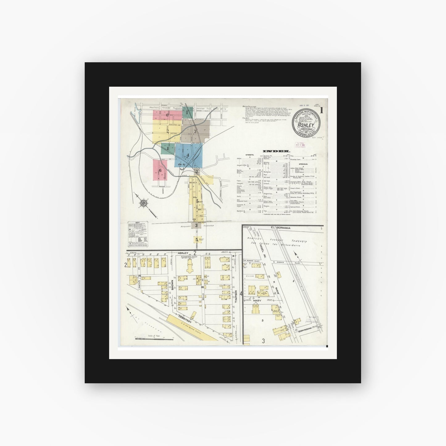 Old map wall art mockup — black gallery frame with white mat — Sanborn Fire Insurance Map from Ashley, Luzerne County, Pennsylvania (1911), Sheet #0001