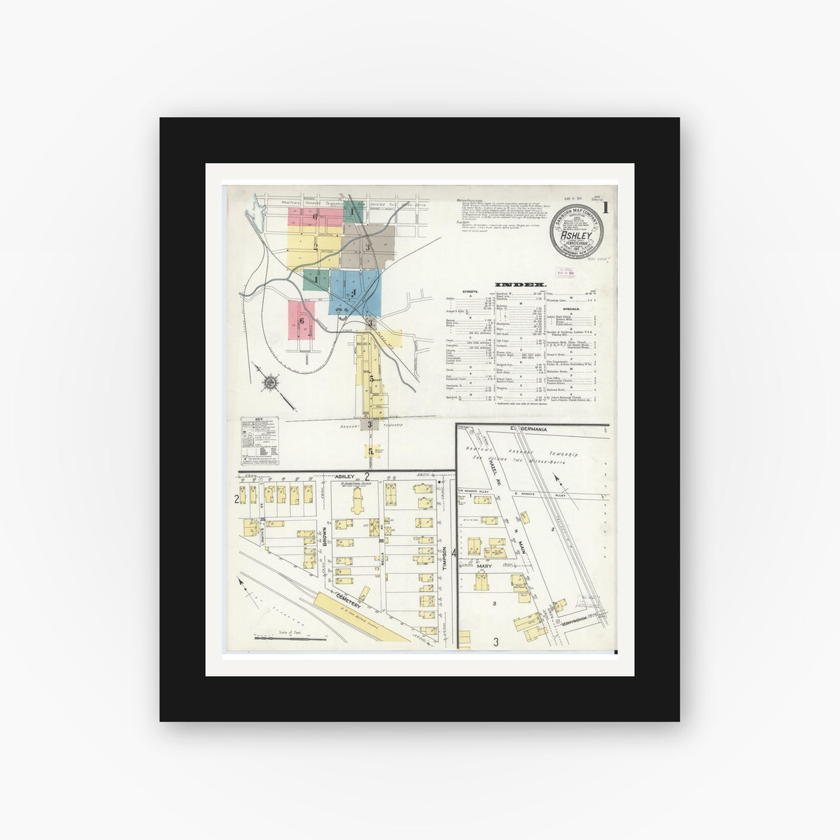 Old map wall art mockup — black gallery frame with white mat — Sanborn Fire Insurance Map from Ashley, Luzerne County, Pennsylvania (1911), Sheet #0001