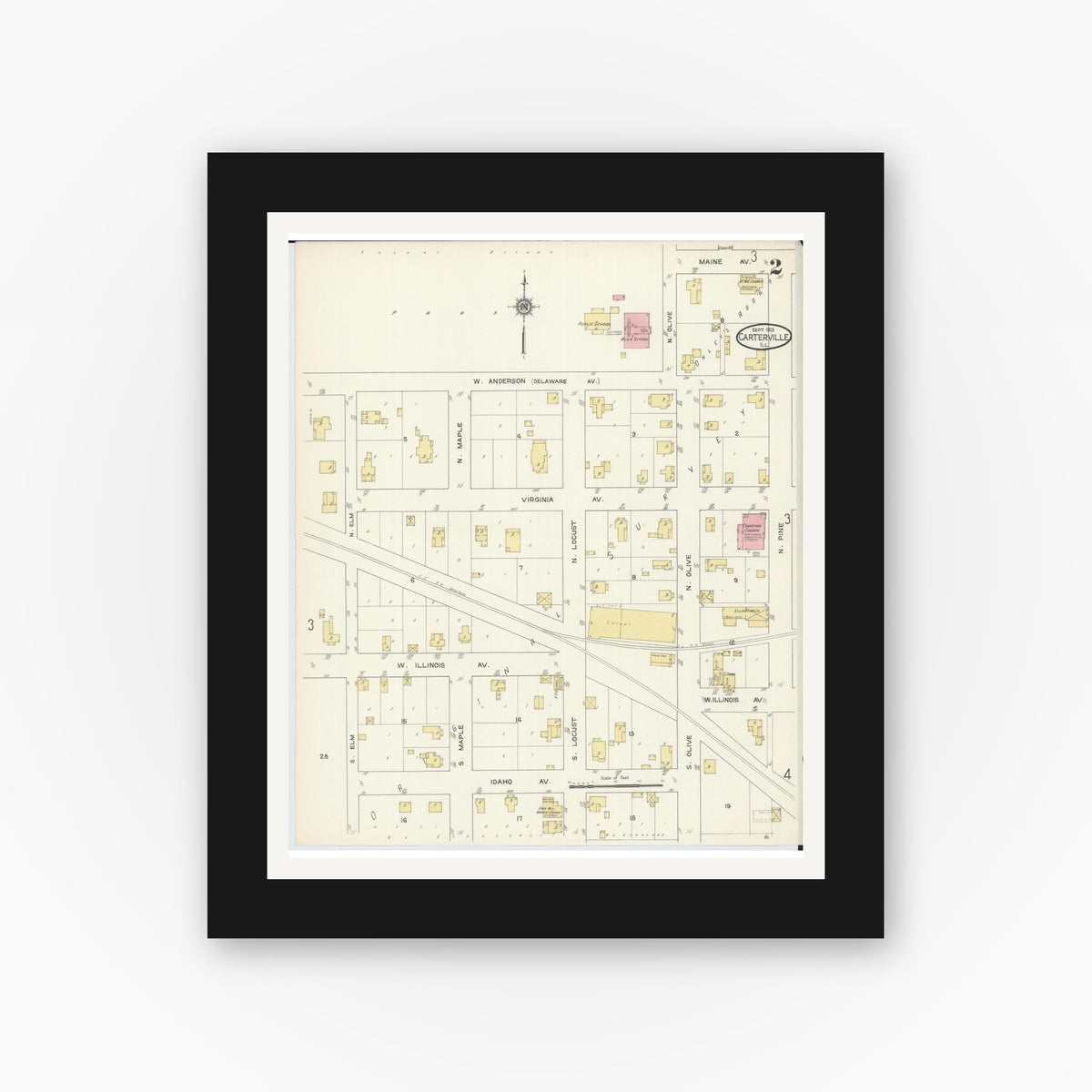 Old map wall art mockup — black gallery frame with white mat — Sanborn Fire Insurance Map from Carterville, Williamson County, Illinois (1913), Sheet #0002
