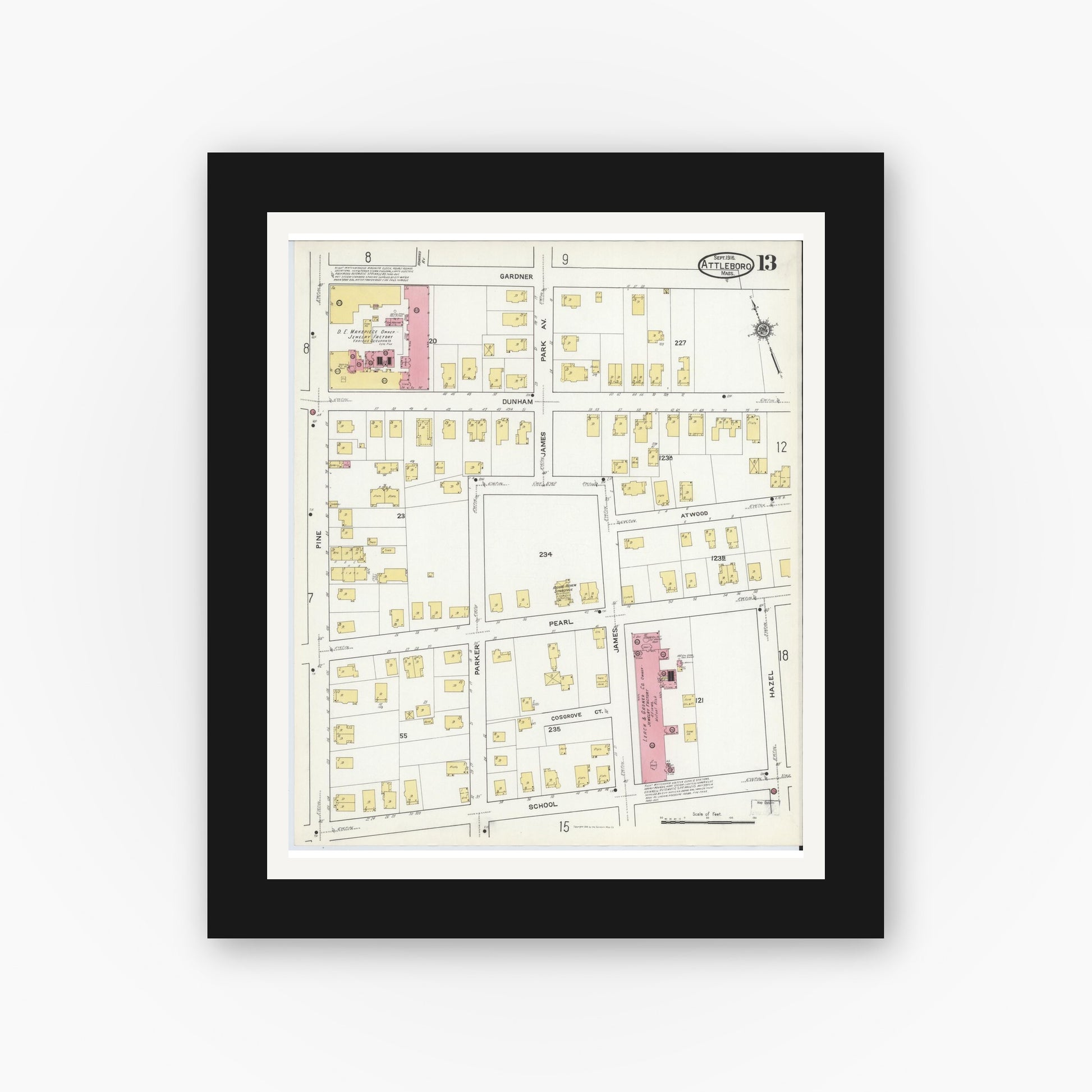 Old map wall art mockup — black gallery frame with white mat — Sanborn Fire Insurance Map from Attleboro, Bristol County, Massachusetts (1916), Sheet #0013