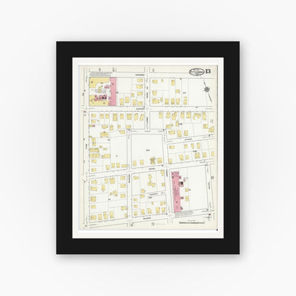Old map wall art mockup — black gallery frame with white mat — Sanborn Fire Insurance Map from Attleboro, Bristol County, Massachusetts (1916), Sheet #0013