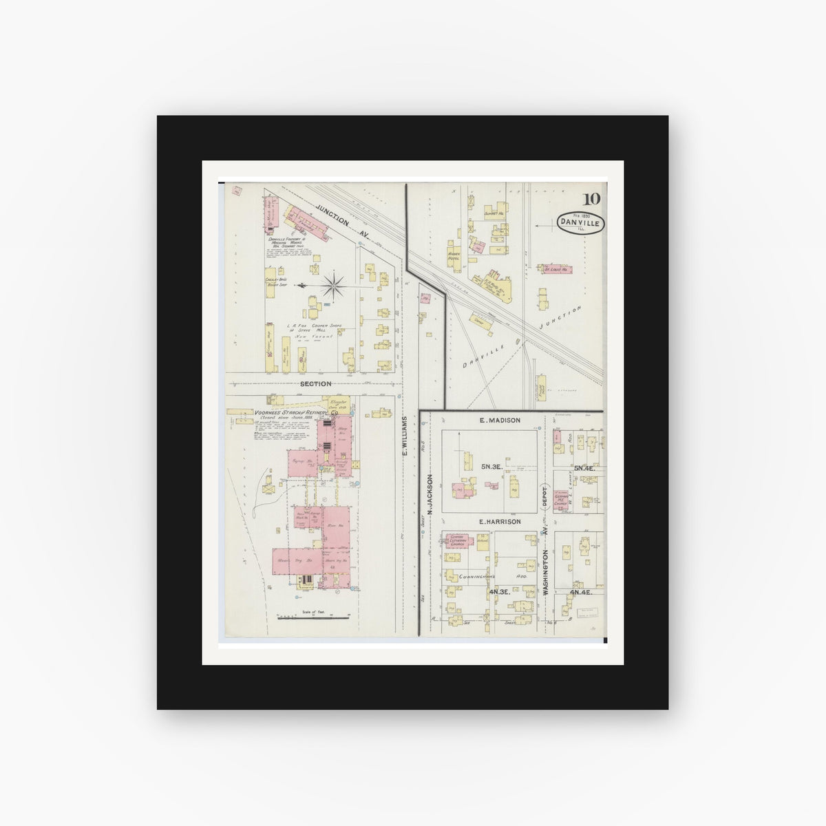 Old map wall art mockup — black gallery frame with white mat — Sanborn Fire Insurance Map from Danville, Vermilion County, Illinois (1890), Sheet #0010