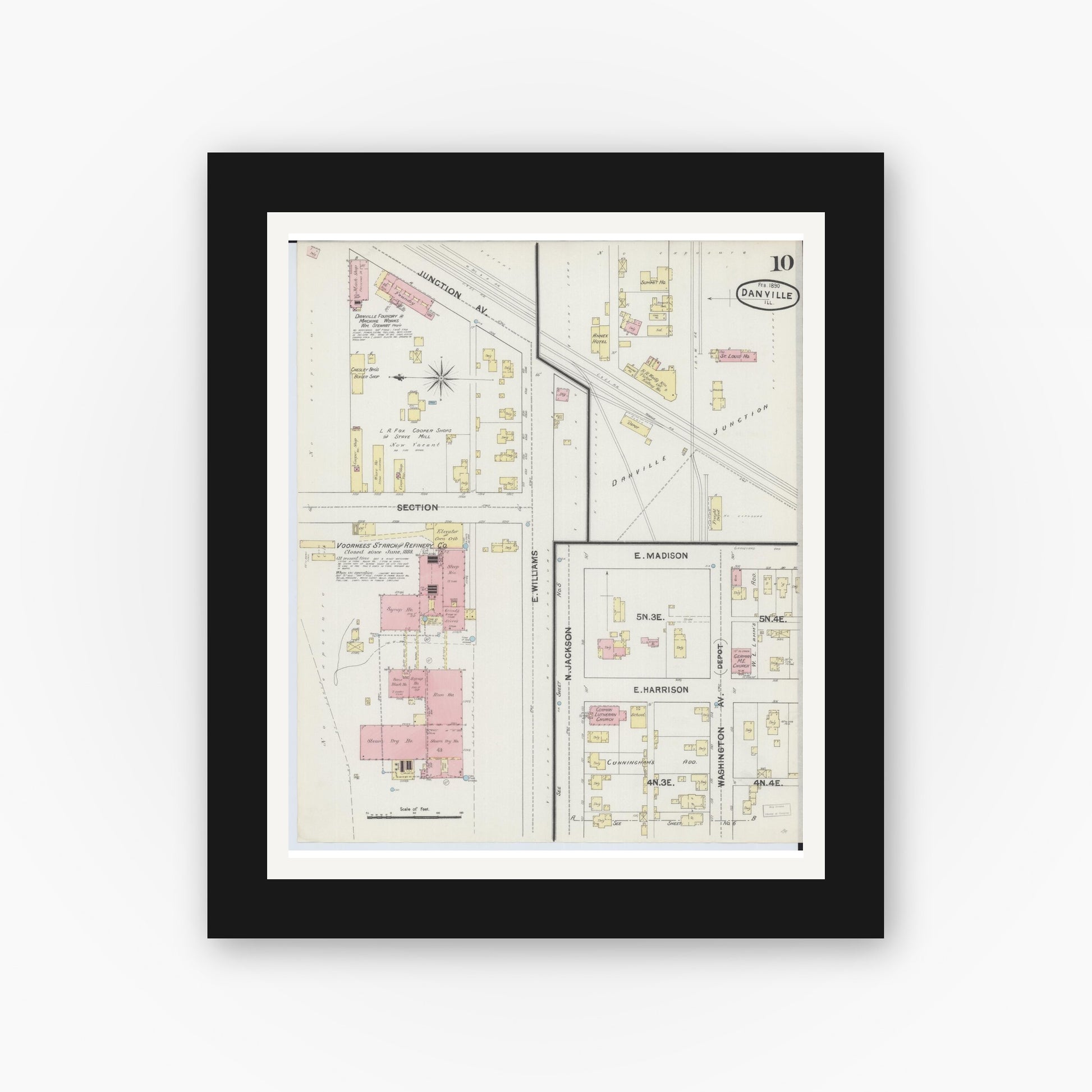 Old map wall art mockup — black gallery frame with white mat — Sanborn Fire Insurance Map from Danville, Vermilion County, Illinois (1890), Sheet #0010