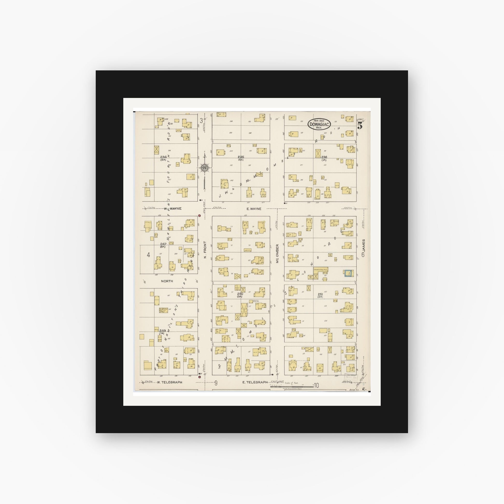Old map wall art mockup — black gallery frame with white mat — Sanborn Fire Insurance Map from Dowagiac, Cass County, Michigan (1922), Sheet #0005