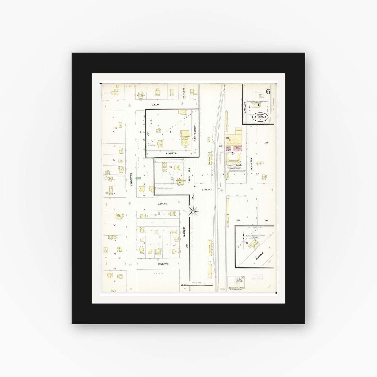 Old map wall art mockup — black gallery frame with white mat — Sanborn Fire Insurance Map from Algona, Kossuth County, Iowa (1907), Sheet #0006