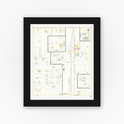 Old map wall art mockup — black gallery frame with white mat — Sanborn Fire Insurance Map from Algona, Kossuth County, Iowa (1907), Sheet #0006