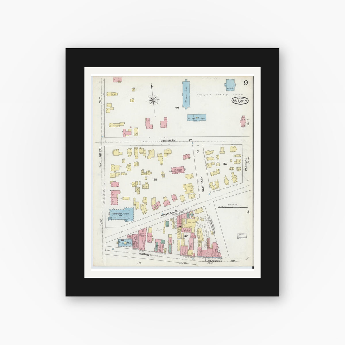 Old map wall art mockup — black gallery frame with white mat — Sanborn Fire Insurance Map from Auburn, Cayuga County, New York (1892), Sheet #0009