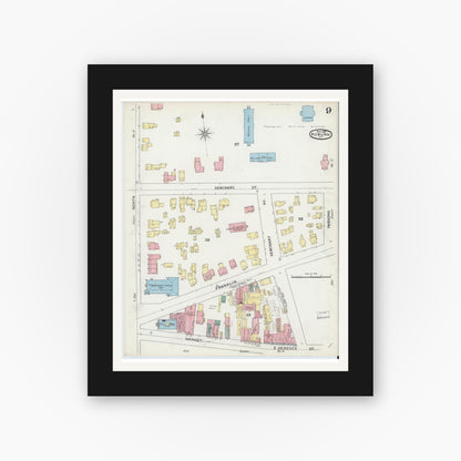 Old map wall art mockup — black gallery frame with white mat — Sanborn Fire Insurance Map from Auburn, Cayuga County, New York (1892), Sheet #0009