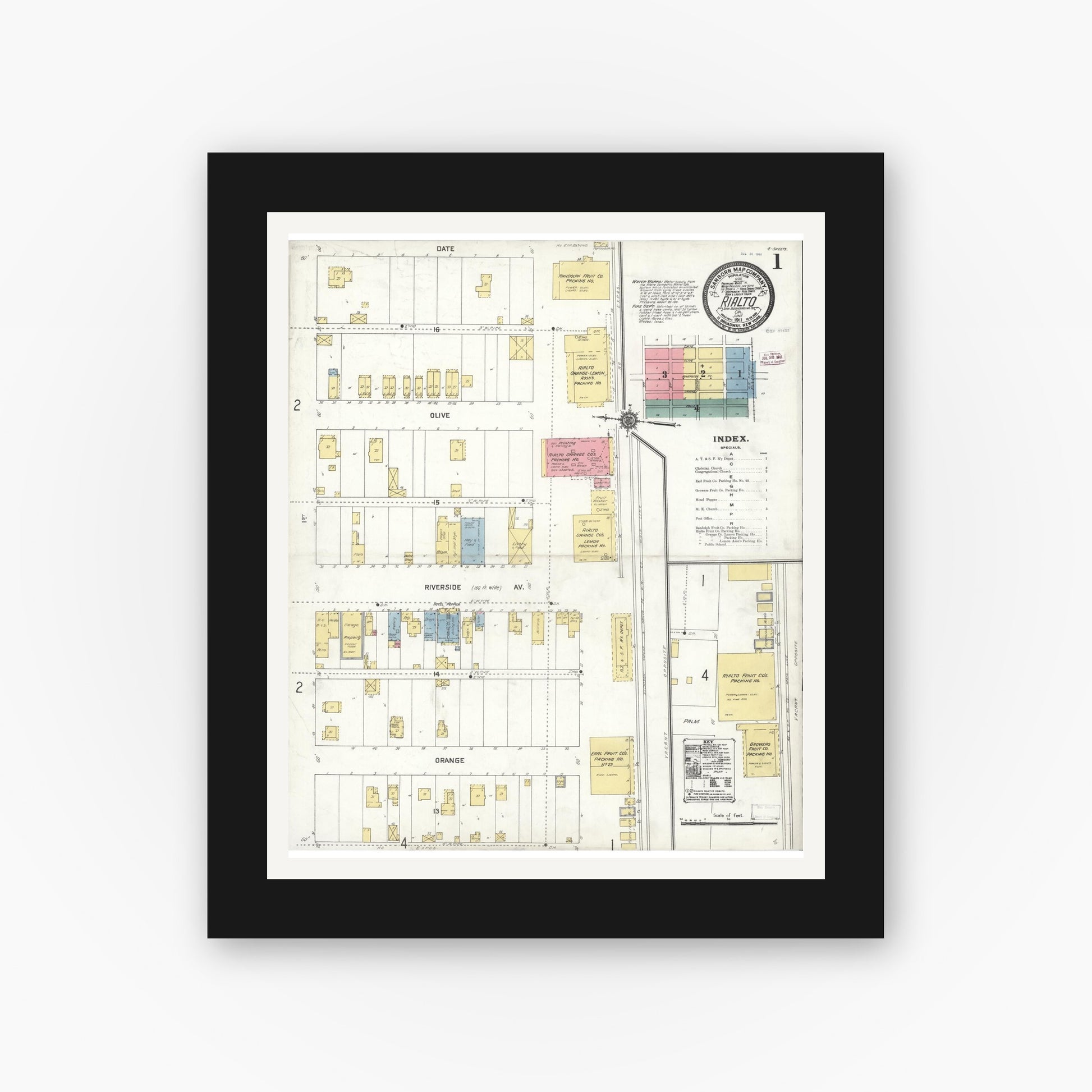 Old map wall art mockup — black gallery frame with white mat — Sanborn Fire Insurance Map from Rialto, San Bernardino County, California (1911) - Complete Map Set