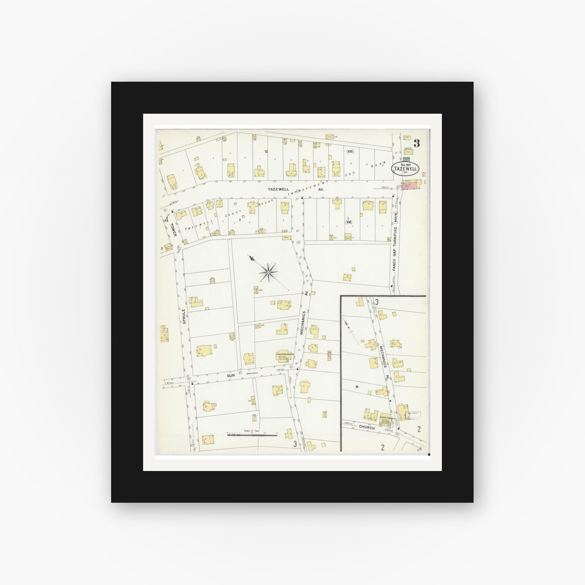 Old map wall art mockup — black gallery frame with white mat — Sanborn Fire Insurance Map from Tazewell, Tazewell County, Virginia (1907), Sheet #0003