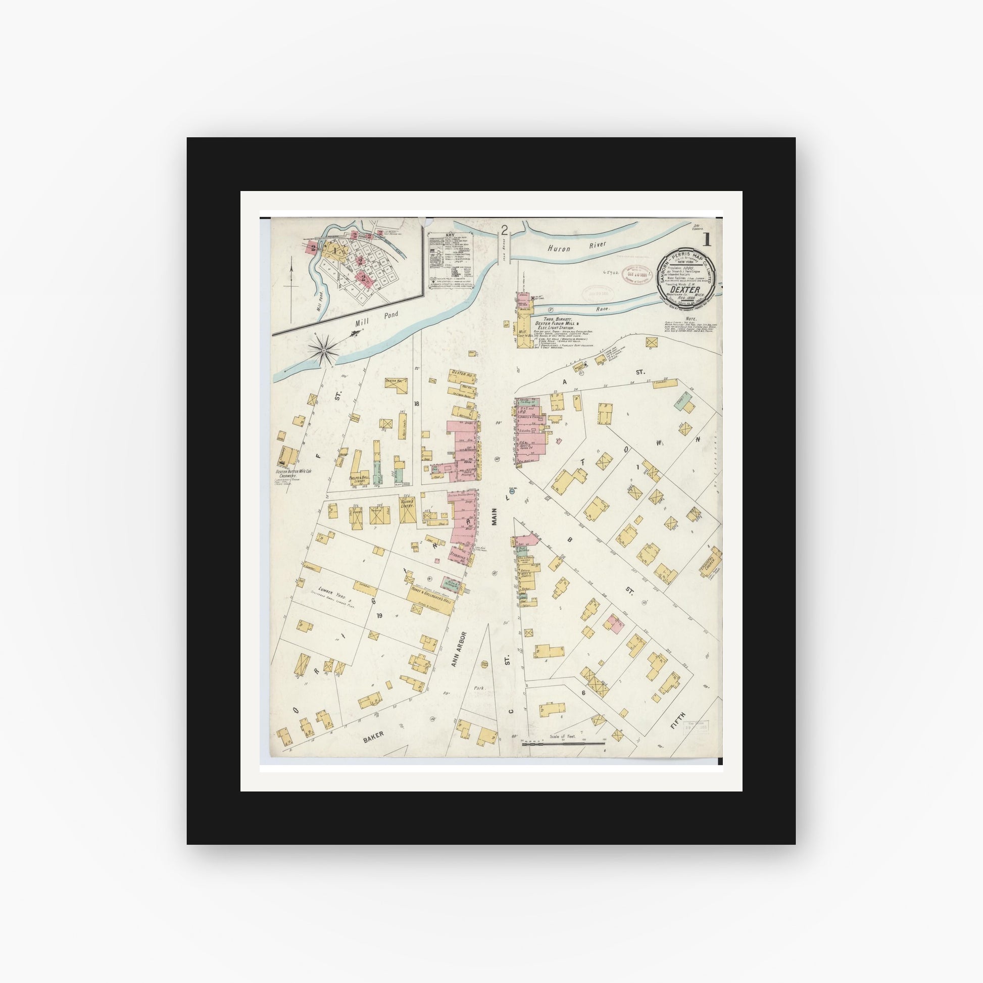 Old map wall art mockup — black gallery frame with white mat — Sanborn Fire Insurance Map from Dexter, Washtenaw County, Michigan (1899), Sheet #0001