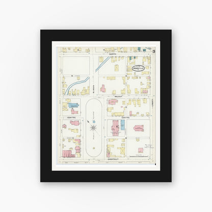 Old map wall art mockup — black gallery frame with white mat — Sanborn Fire Insurance Map from Meadville, Crawford County, Pennsylvania (1891), Sheet #0003