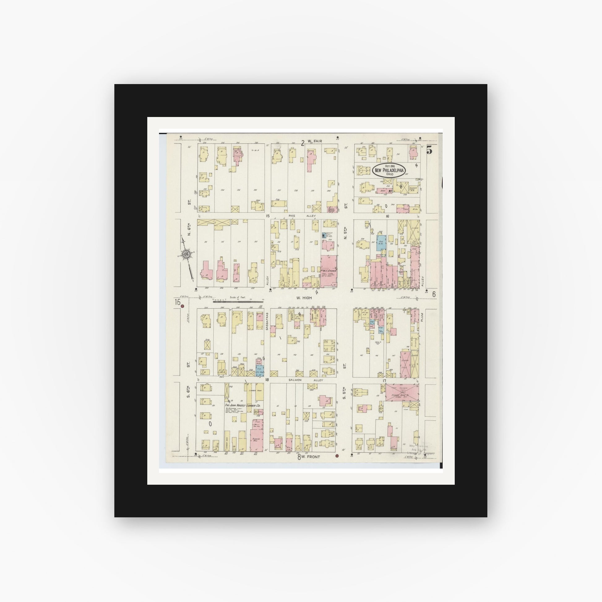 Old map wall art mockup — black gallery frame with white mat — Sanborn Fire Insurance Map from New Philadelphia, Tuscarawas County, Ohio (1914), Sheet #0005