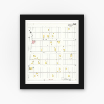 Old map wall art mockup — black gallery frame with white mat — Sanborn Fire Insurance Map from Burlingame, San Mateo County, California (1921), Sheet #0030