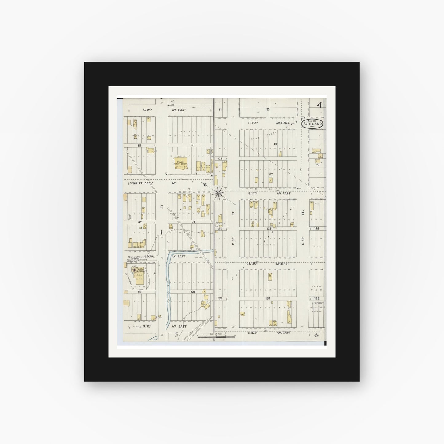 Old map wall art mockup — black gallery frame with white mat — Sanborn Fire Insurance Map from Ashland, Ashland County, Wisconsin (1895), Sheet #0004