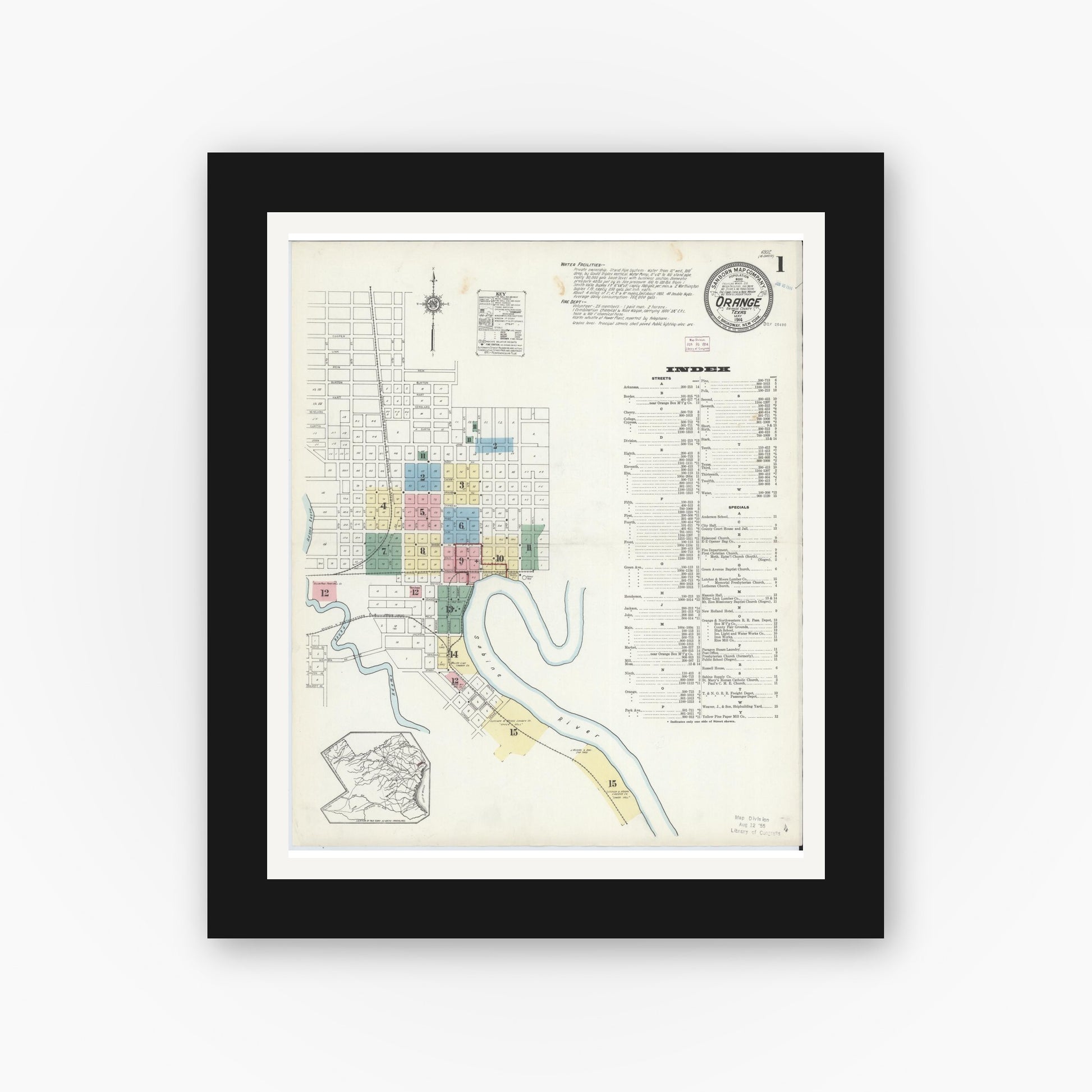 Old map wall art mockup — black gallery frame with white mat — Sanborn Fire Insurance Map from Orange, Orange County, Texas (1914), Sheet #0001