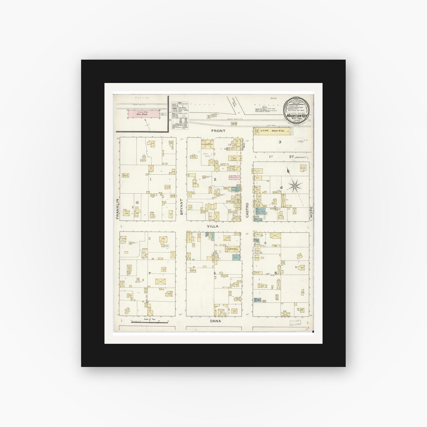 Old map wall art mockup — black gallery frame with white mat — Sanborn Fire Insurance Map from Mountain View, Santa Clara County, California (1888), Sheet #0001