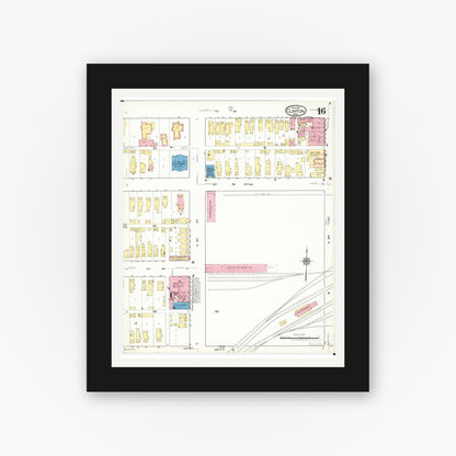 Old map wall art mockup — black gallery frame with white mat — Sanborn Fire Insurance Map from Clinton, Clinton County, Iowa (1917), Sheet #0016