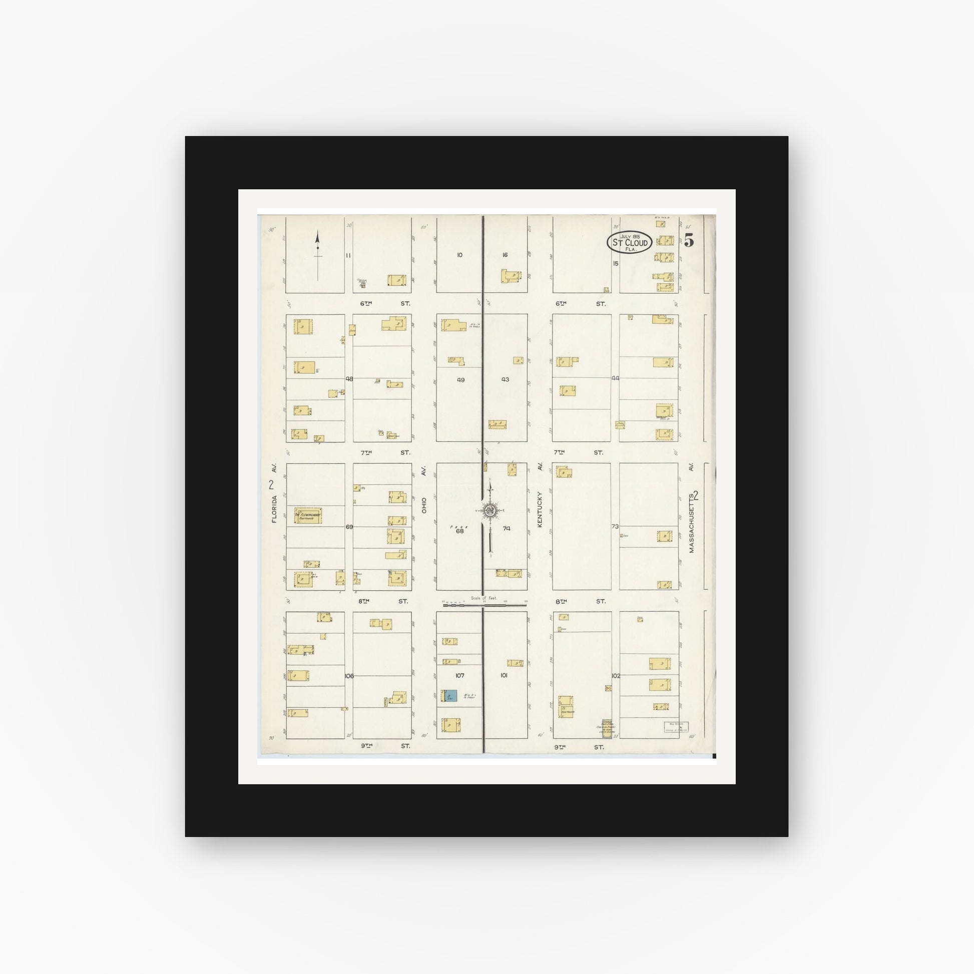 Old map wall art mockup — black gallery frame with white mat — Sanborn Fire Insurance Map from Saint Cloud, Osceola County, Florida (1915), Sheet #0005