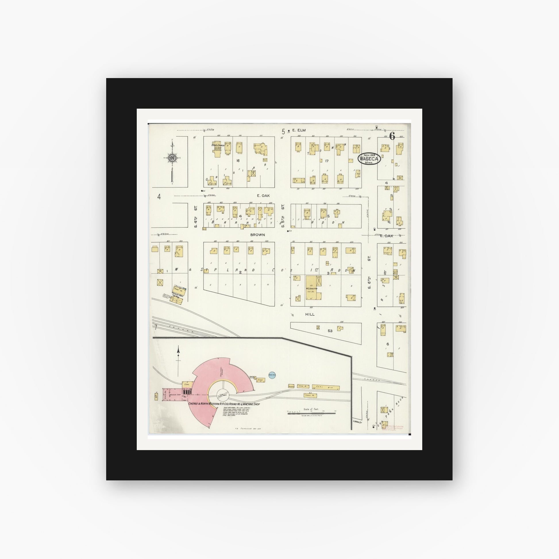 Old map wall art mockup — black gallery frame with white mat — Sanborn Fire Insurance Map from Waseca, Waseca County, Minnesota (1919), Sheet #0006