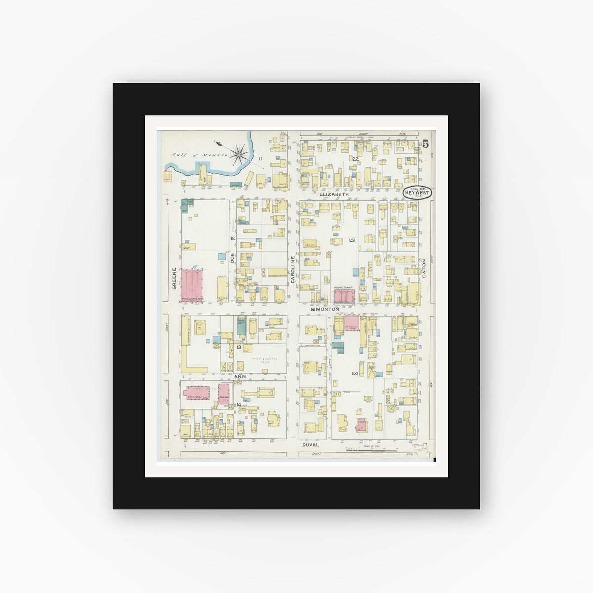 Old map wall art mockup — black gallery frame with white mat — Sanborn Fire Insurance Map from Key West, Monroe County, Florida (1892), Sheet #0005