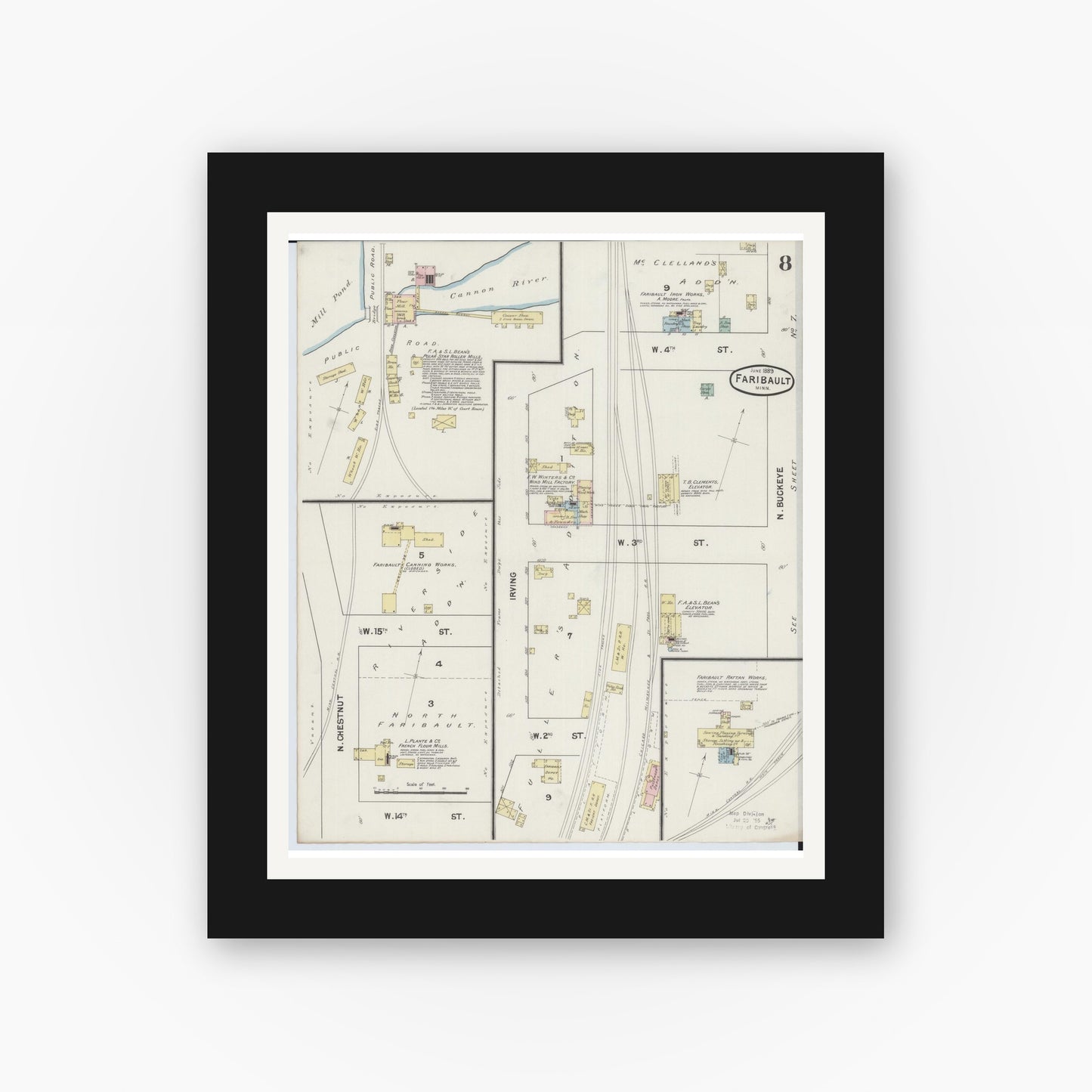 Old map wall art mockup — black gallery frame with white mat — Sanborn Fire Insurance Map from Faribault, Rice County, Minnesota (1889), Sheet #0008
