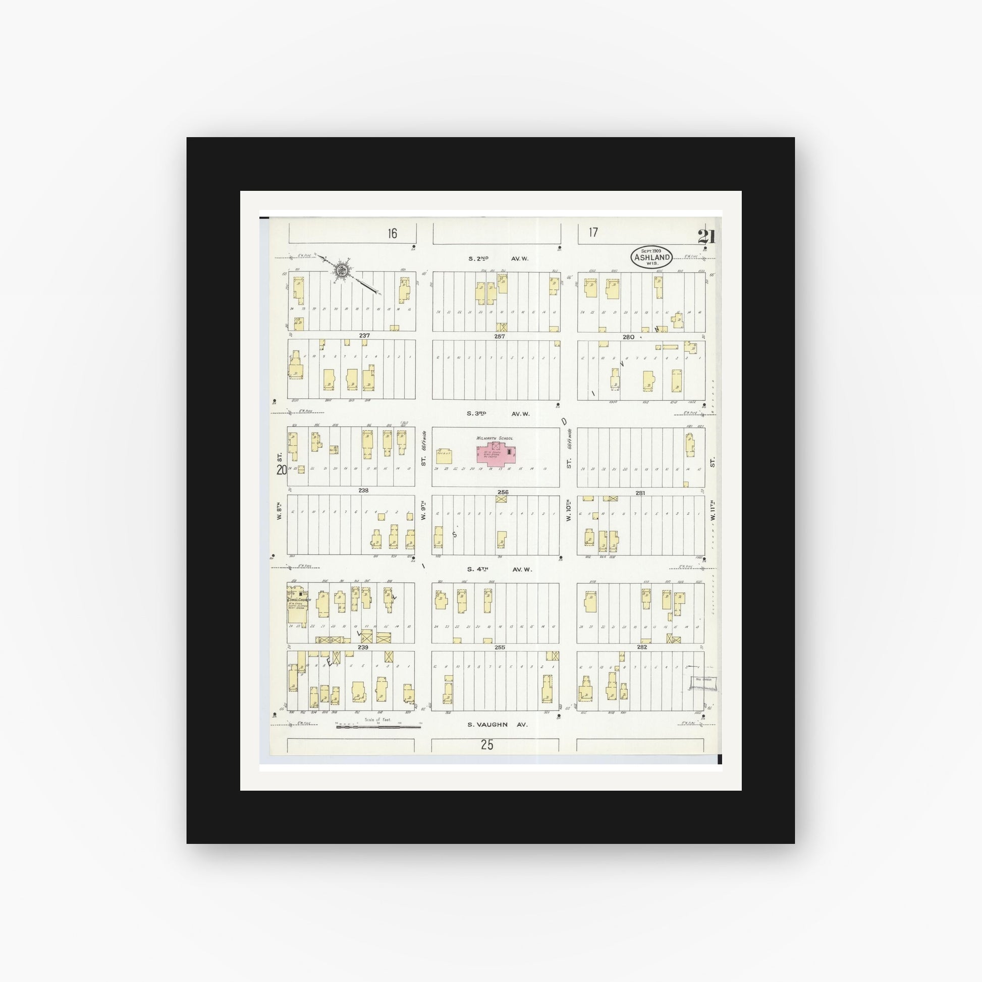 Old map wall art mockup — black gallery frame with white mat — Sanborn Fire Insurance Map from Ashland, Ashland County, Wisconsin (1909), Sheet #0021