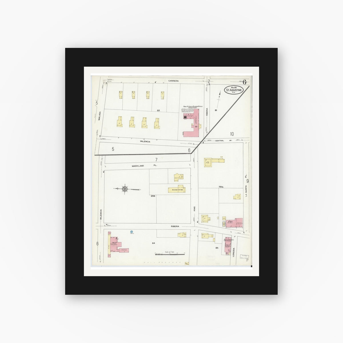 Old map wall art mockup — black gallery frame with white mat — Sanborn Fire Insurance Map from Saint Augustine, Saint John's County, Florida (1910), Sheet #0006