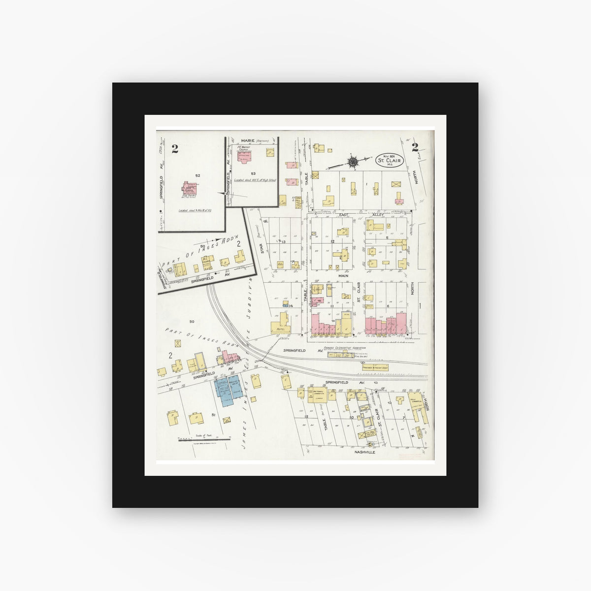 Old map wall art mockup — black gallery frame with white mat — Sanborn Fire Insurance Map from Saint Clair, Franklin County, Missouri (1924), Sheet #0002
