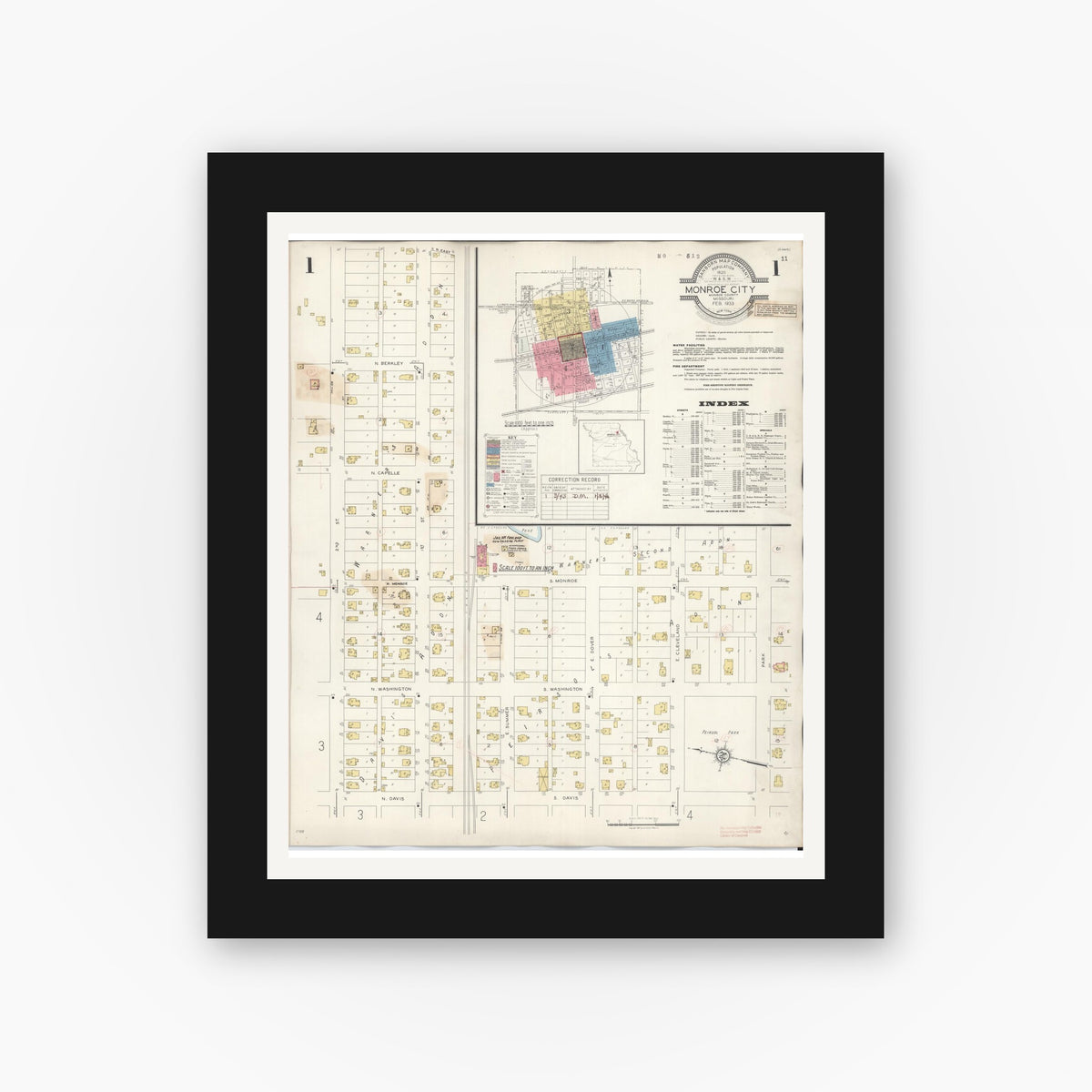 Old map wall art mockup — black gallery frame with white mat — Sanborn Fire Insurance Map from Monroe City, Monroe County, Missouri (1943) - Complete Map Set