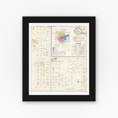Old map wall art mockup — black gallery frame with white mat — Sanborn Fire Insurance Map from Monroe City, Monroe County, Missouri (1943) - Complete Map Set