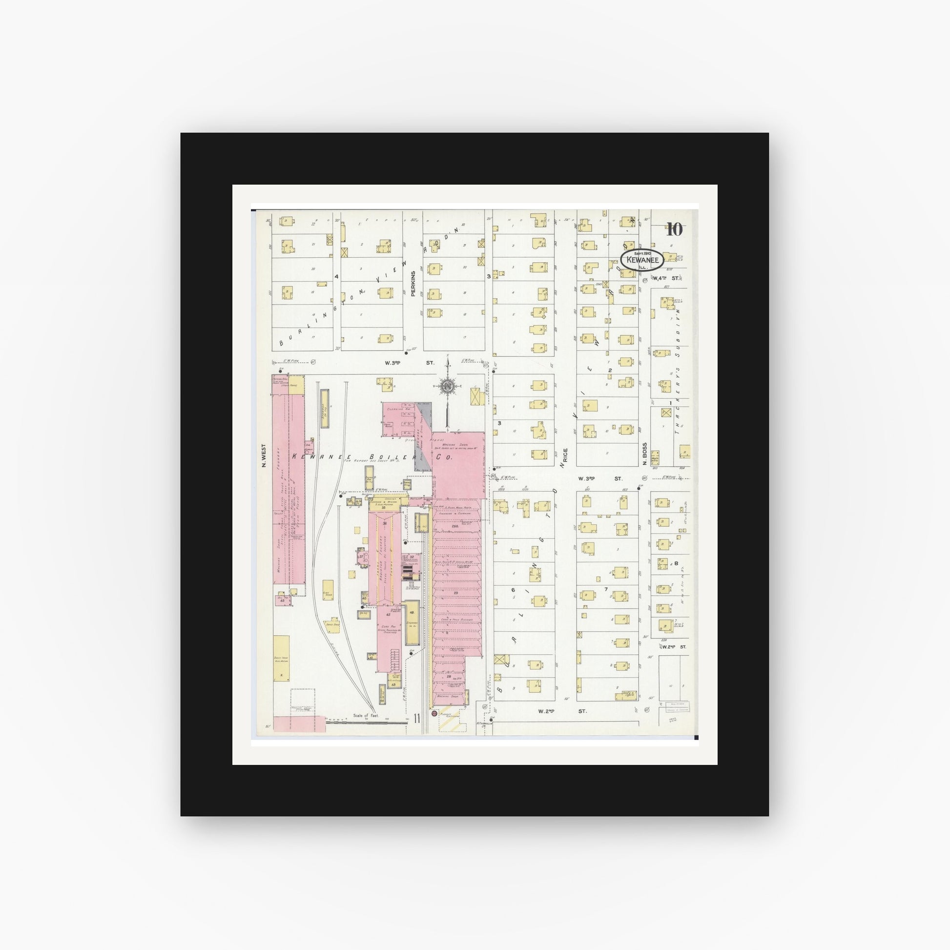 Old map wall art mockup — black gallery frame with white mat — Sanborn Fire Insurance Map from Kewanee, Henry County, Illinois (1910), Sheet #0010