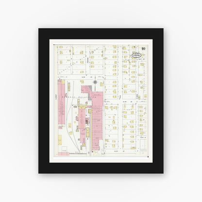 Old map wall art mockup — black gallery frame with white mat — Sanborn Fire Insurance Map from Kewanee, Henry County, Illinois (1910), Sheet #0010