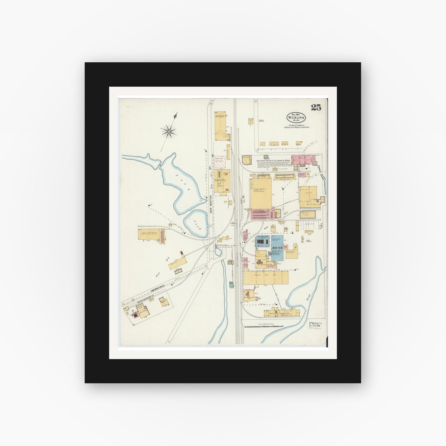 Old map wall art mockup — black gallery frame with white mat — Sanborn Fire Insurance Map from Woburn, Middlesex County, Massachusetts (1904), Sheet #0025