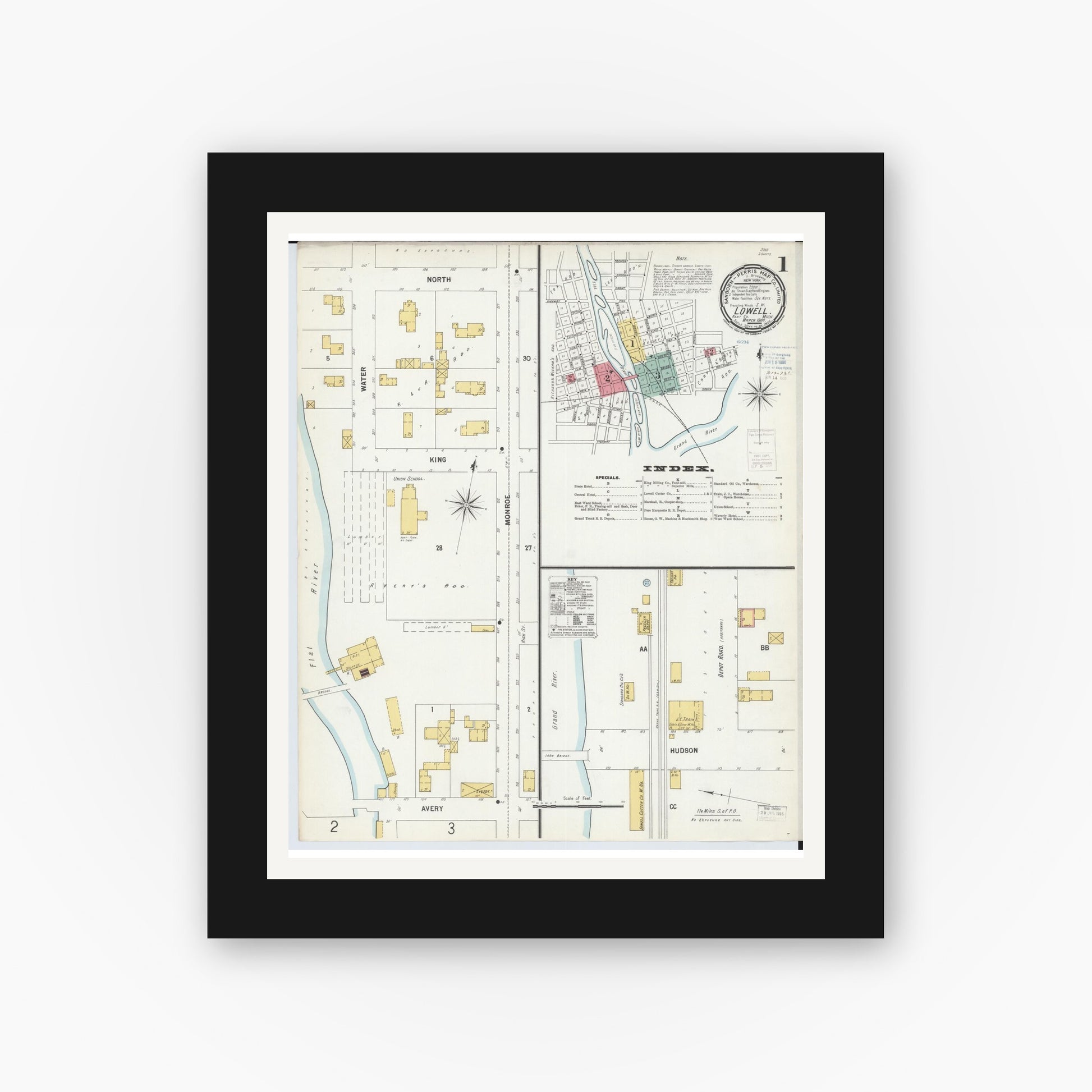 Old map wall art mockup — black gallery frame with white mat — Sanborn Fire Insurance Map from Lowell, Kent County, Michigan (1900) - Complete Map Set